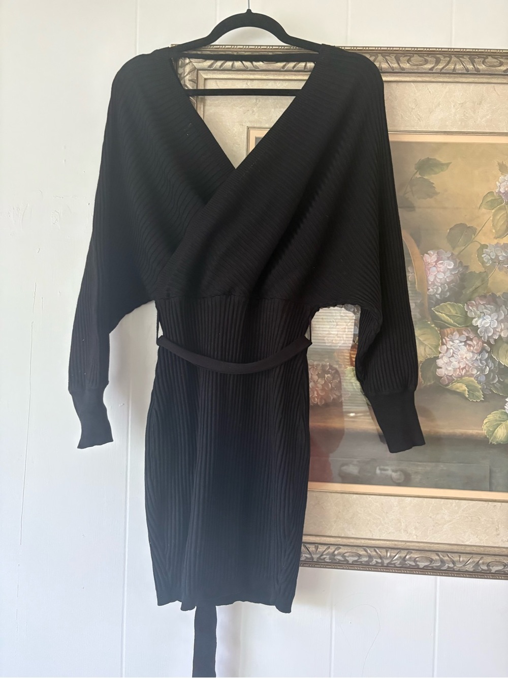 Love Tree Black Ribbed Wrap Sweater Dress